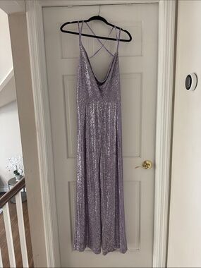 Anthropologie Lilac Sequin jumpsuit with Spaghetti Straps